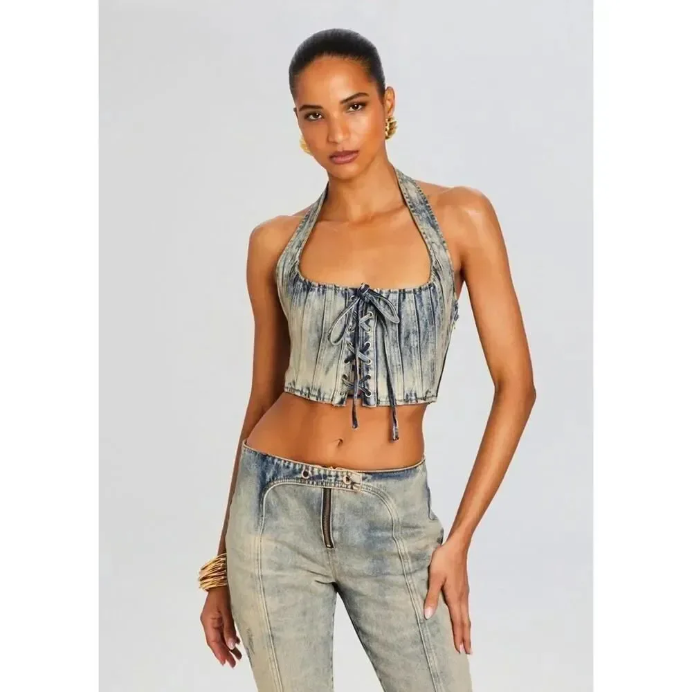 NWT Retrofete Bandit Denim Halter Corset Top Amalfi Lace Up Crop Size S